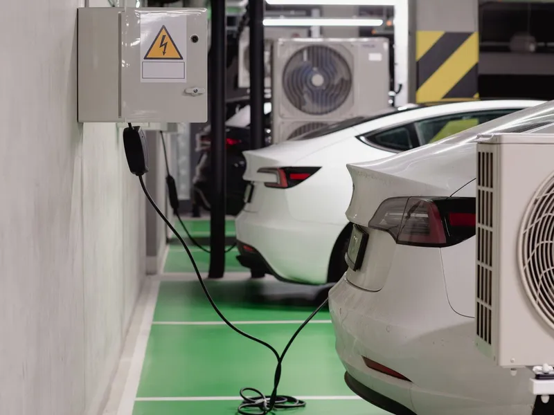 Véhicules électriques en charge dans un parking souterrain de copropriété